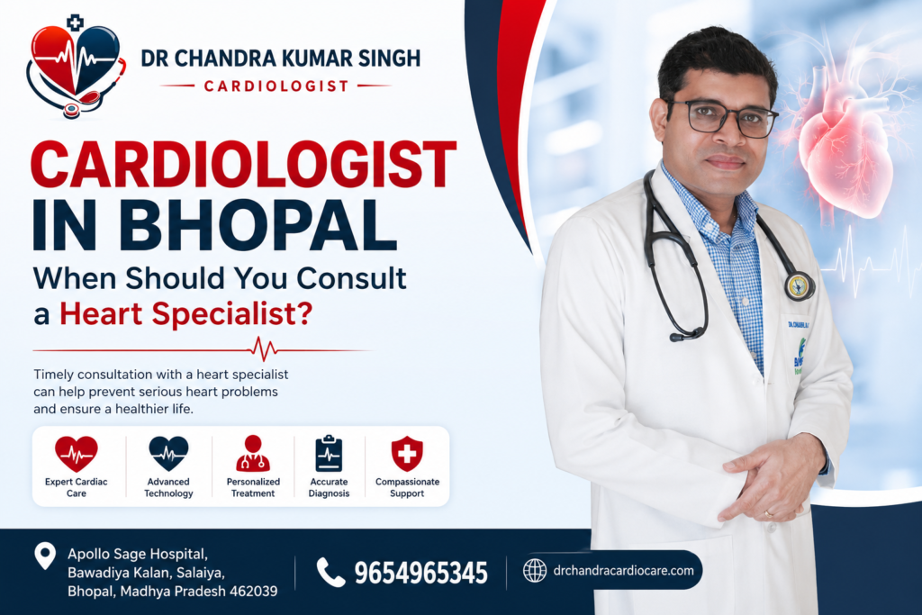 Cardiologist in Bhopal Dr. Chandra Kumar Singh consulting a heart patient.